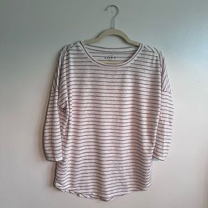 Loft oversized, 3/4-sleeve tee. Cream with wine colored stripes. XS, EUC!